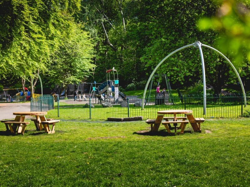 Playground area and picnic benches
